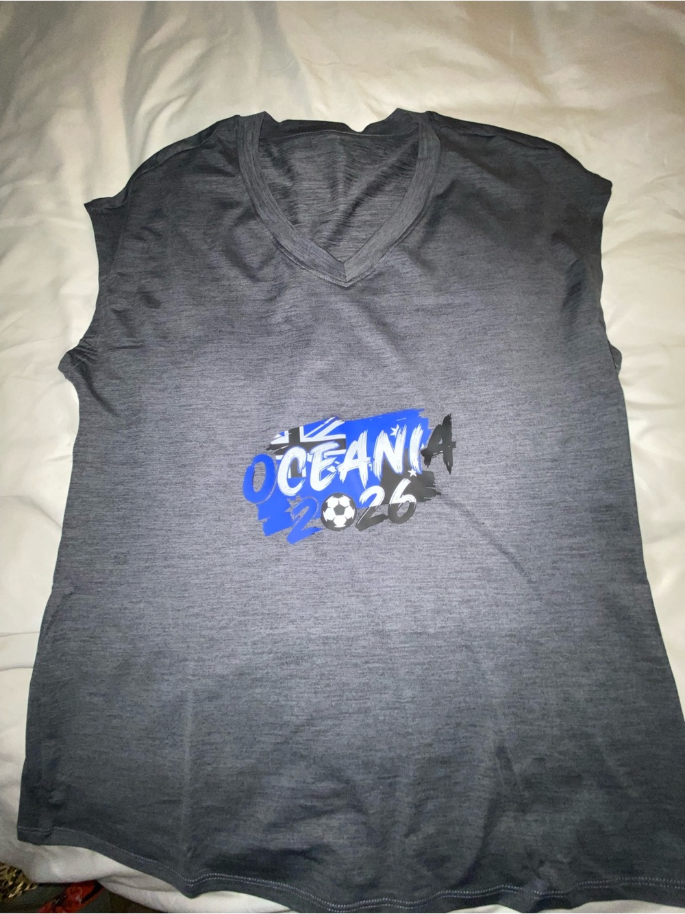 Gray V-Neck Tee with Blue 'Oceania 2026' Graphic M